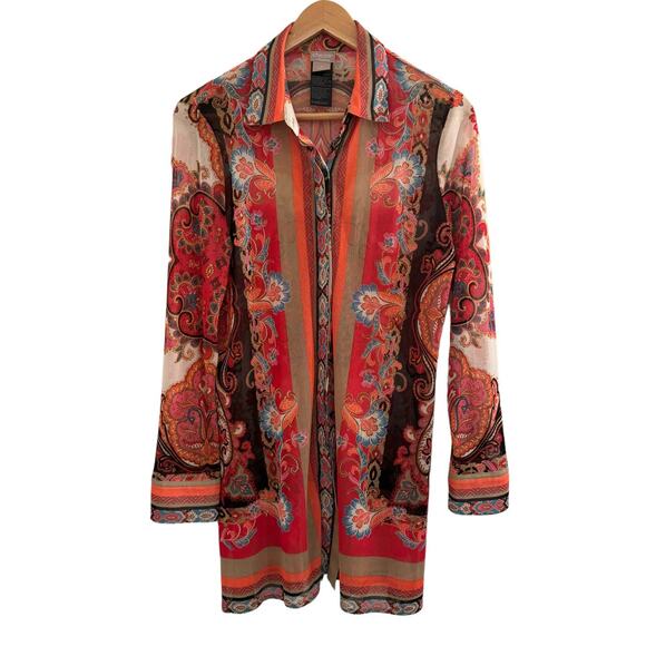 Chicos Multicolor Patterned Button Up Semi Sheer Blouse S Boho Artsy Bohemian - Picture 6 of 10